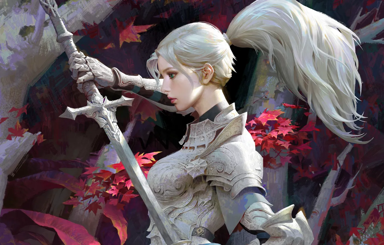 Фото обои меч, рыцарь, голубые глаза, кленовые листья, в профиль, ствол дерева, женщина-воин, длинные белые волосы
