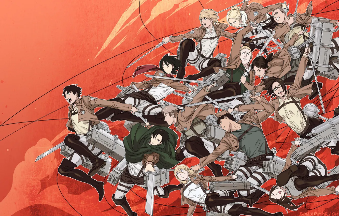 Фото обои аниме, арт, красный фон, Shingeki no Kyojin, Атака титанов, Вторжение гигантов