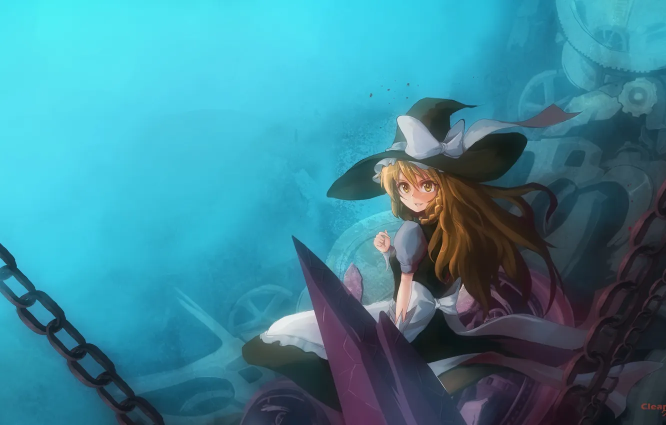 Фото обои взгляд, девушка, улыбка, шляпа, цепи, art, Touhou, Marisa