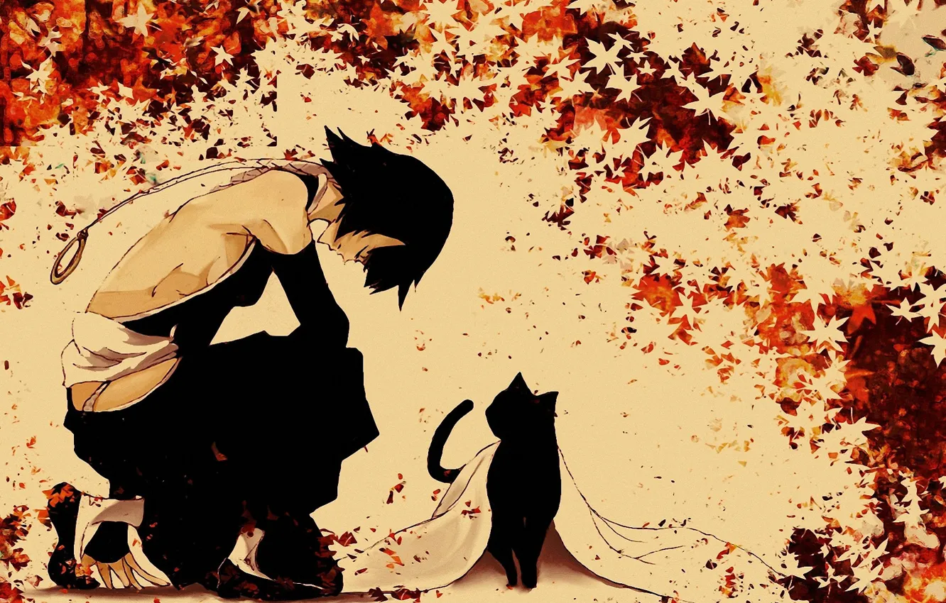 Фото обои Bleach, Блич, Shihouin Yoruichi, кленовые листья, на коленях, синигами, черная кошка, Soi Fong