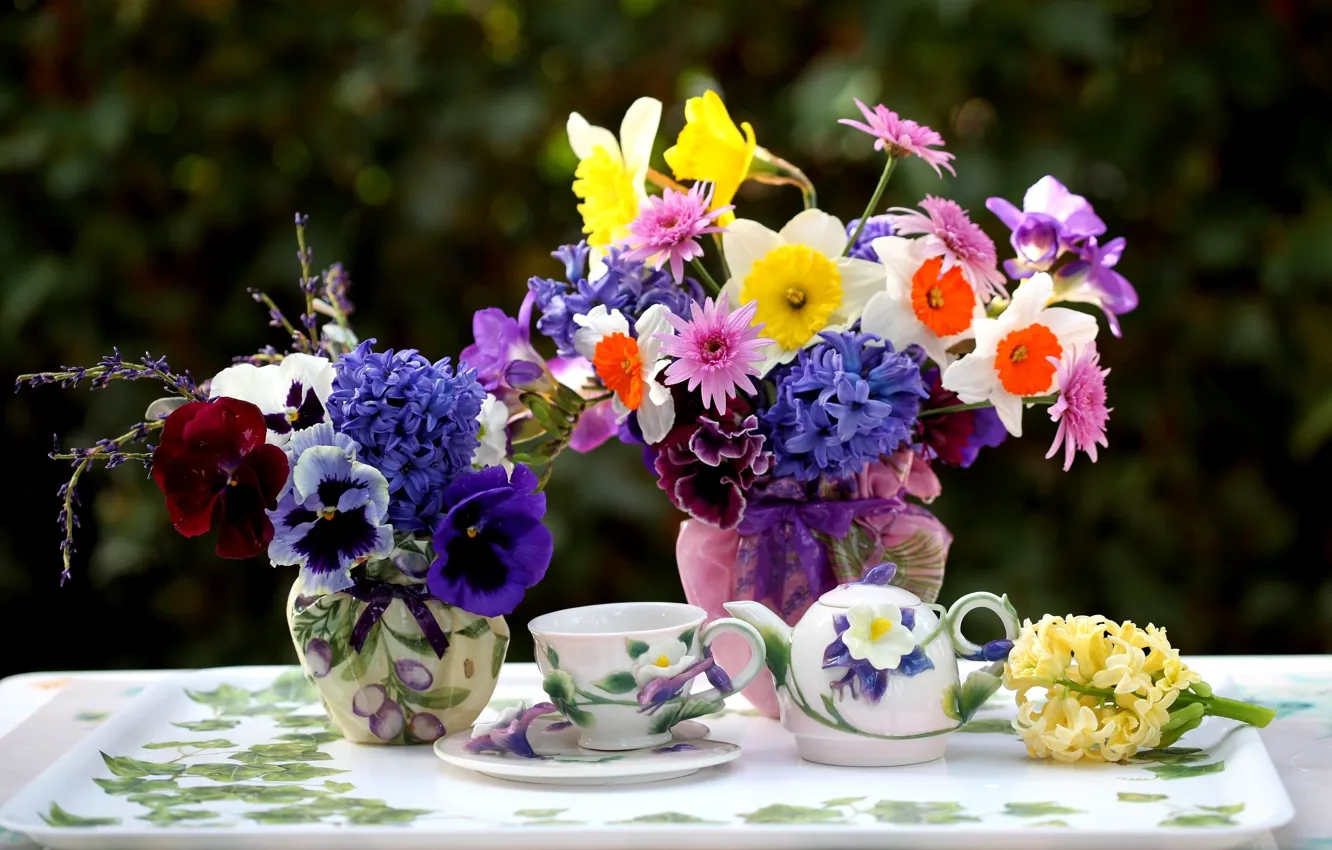 Фото обои лето, яркие краски, цветы, summer, flowers, размытый фон, вазы, teapot