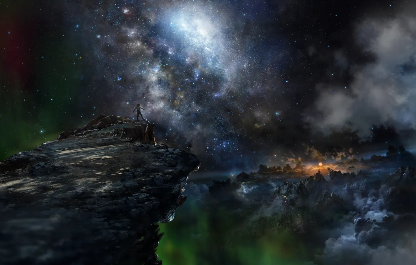 Фото обои небо, космос, горы, фантастика, человек, Iy Tujiki