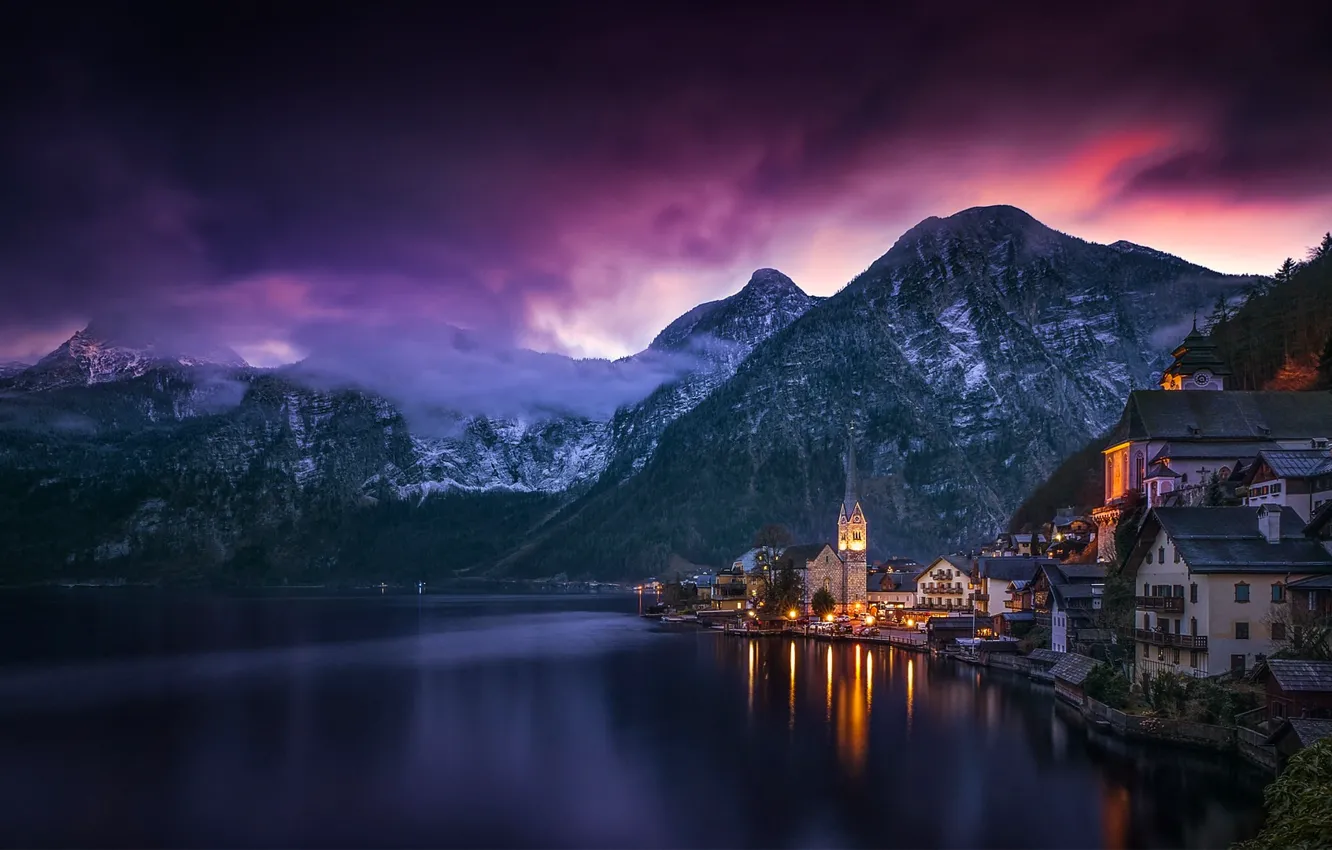 Фото обои небо, облака, горы, озеро, вечер, Австрия, Hallstatt, Хальштатт