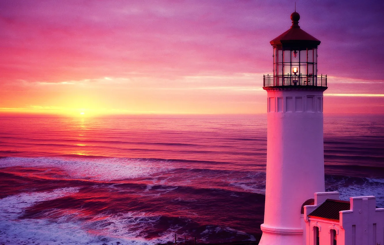Фото обои море, волны, небо, закат, маяк, sky, sunset