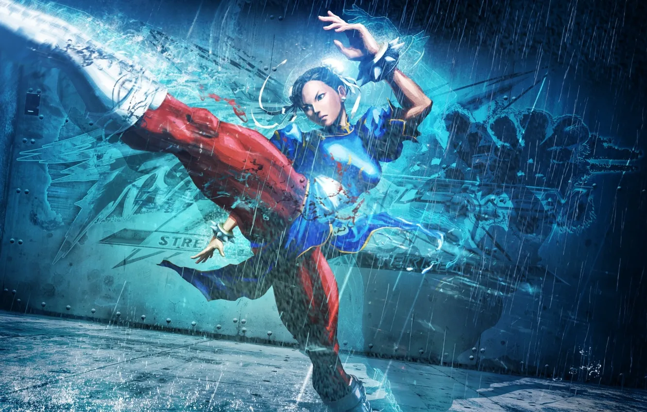 Фото обои metal, girl, rain, style, blue, fight, street fighter, chun li