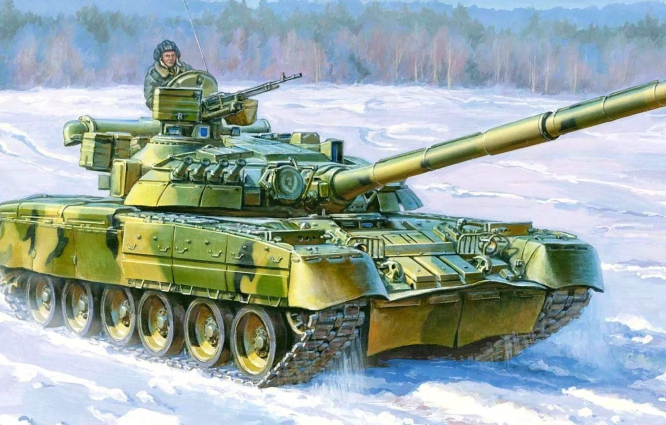 Фото обои зима, снег, рисунок, арт, броня, основной боевой танк, Берёза, Т-80УД