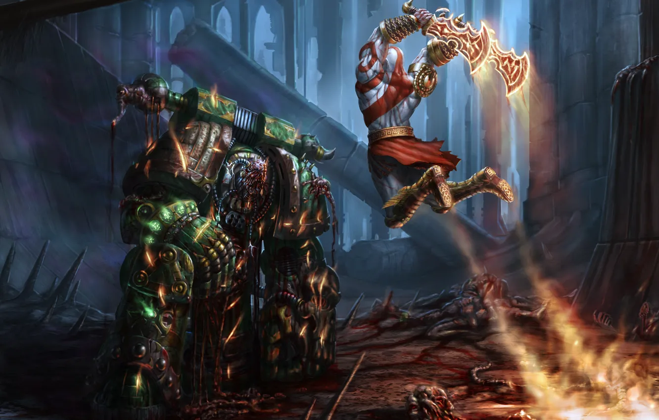 Фото обои оружие, кровь, арт, броня, битва, мужчины, Kratos, God of War
