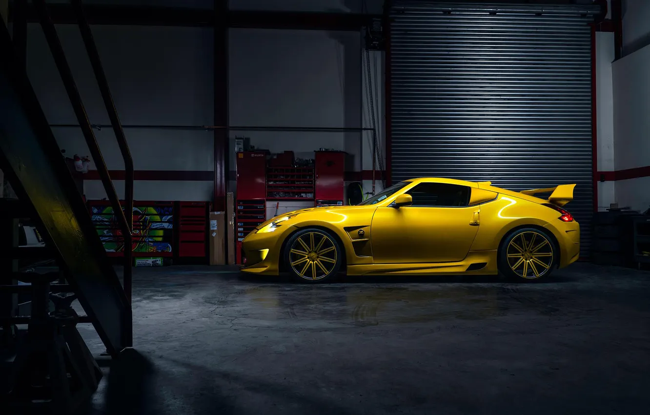 Фото обои Nissan, Car, Yellow, Side, Sport, View, 370Z, Wheels