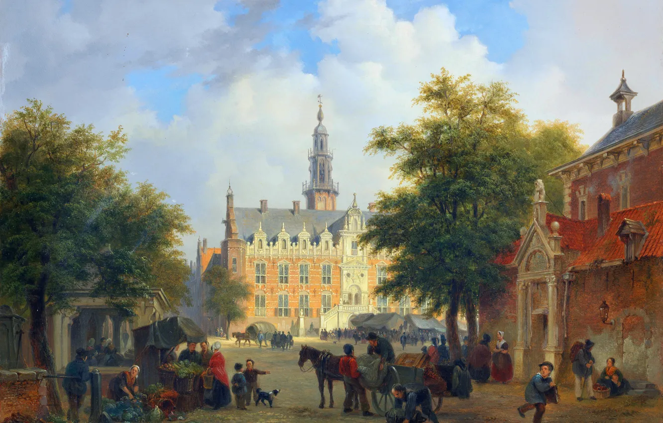 Фото обои Дома, Лошадь, Люди, Амстердам, Bartholomeus Johannes van Hove, Уличная сцена, Голландский художник, Бартоломеус Йоханнес ван …