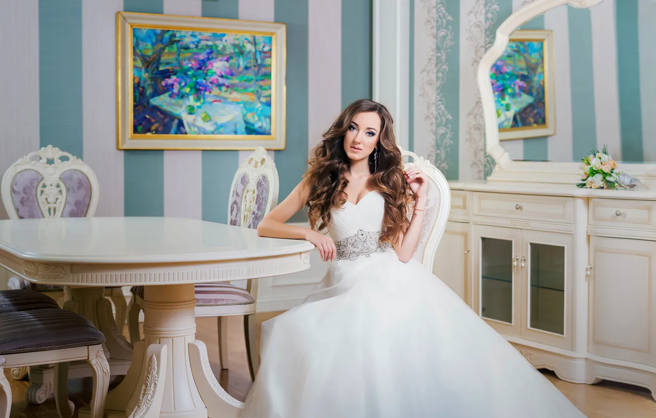 Фото обои девушка, поза, платье, зеркало, невеста