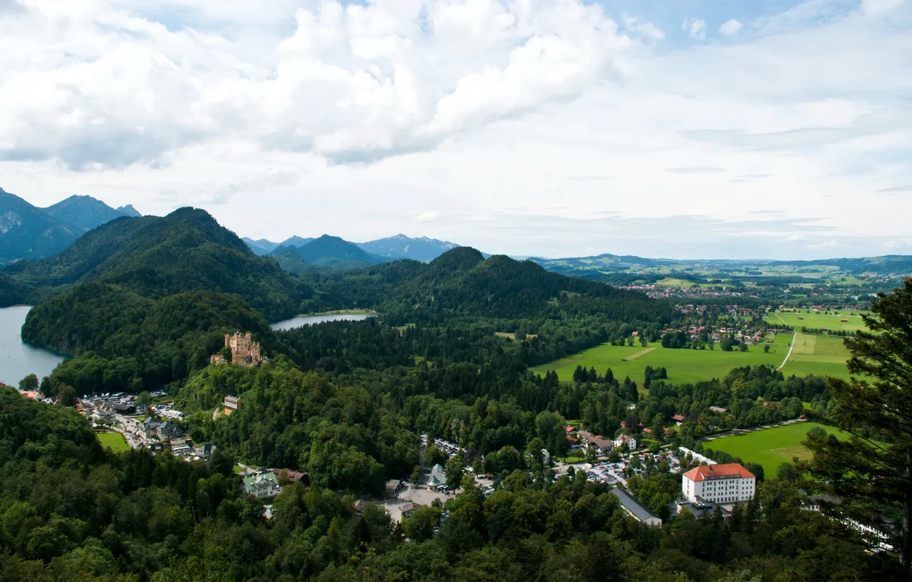 Фото обои лес, пейзаж, горы, река, замок, дома, Германия, Бавария