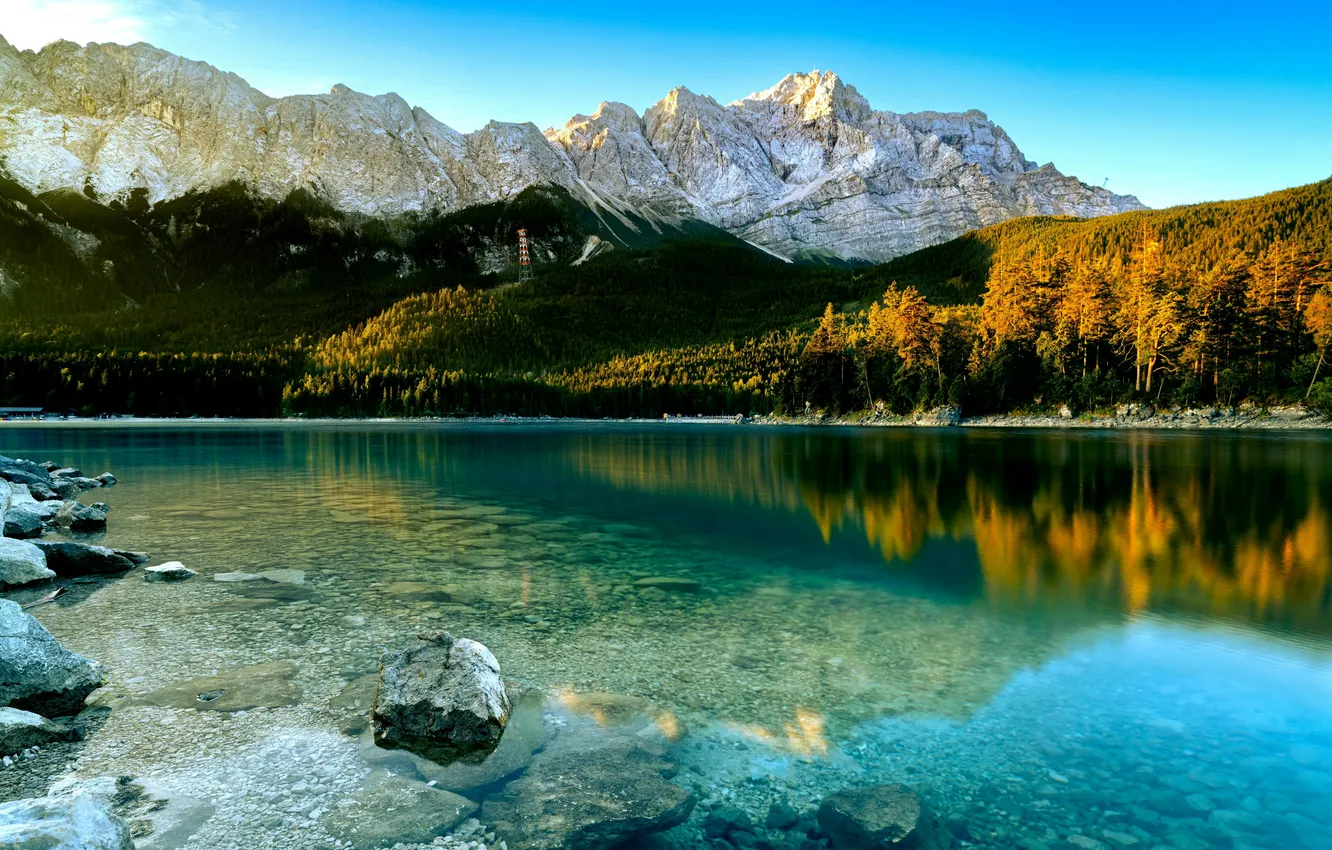 Фото обои Горы, Озеро, Лес, Закат солнца, Sunset, Mountains, Lake, Forest