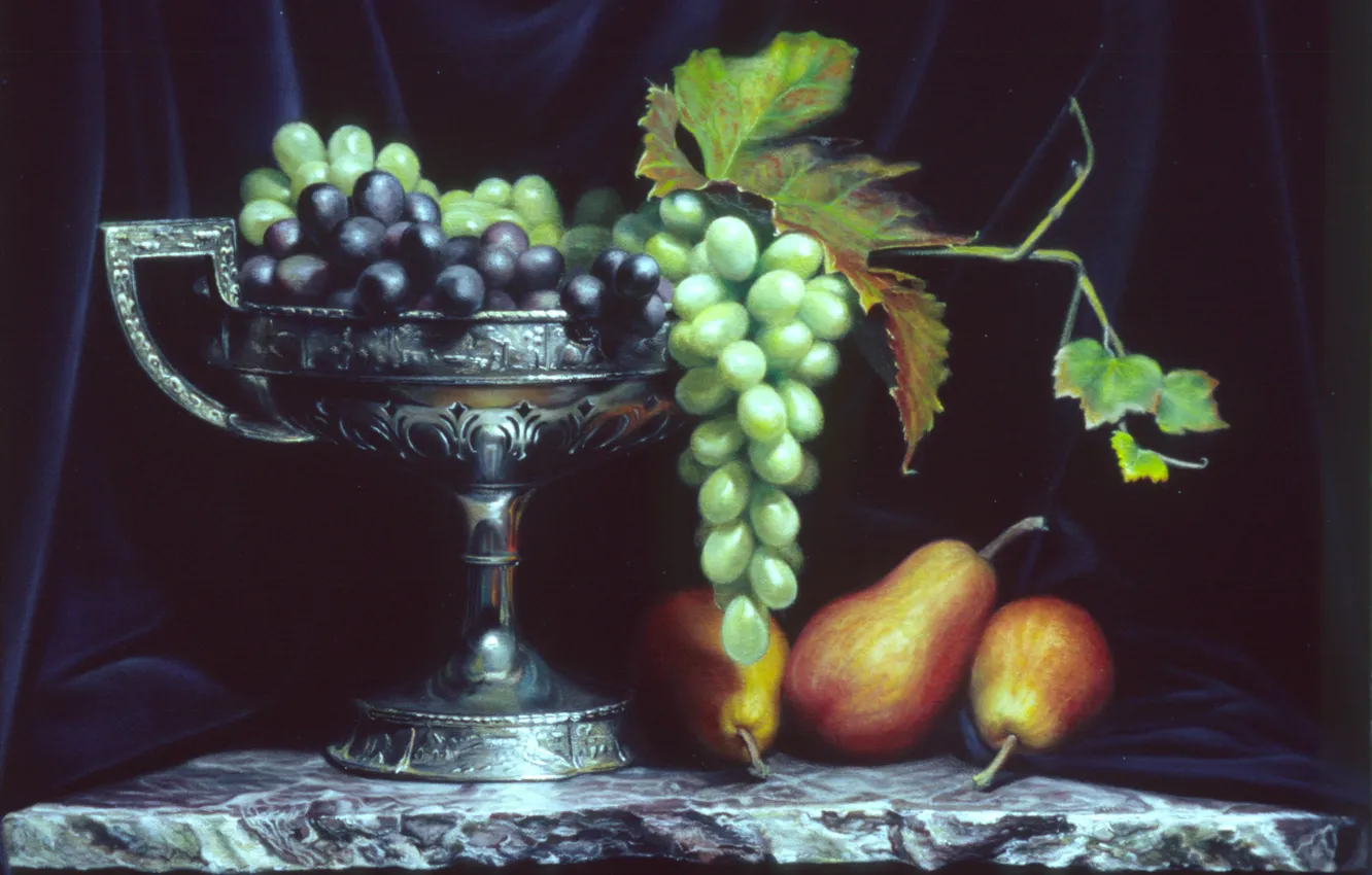 Фото обои листья, виноград, груши, кубок