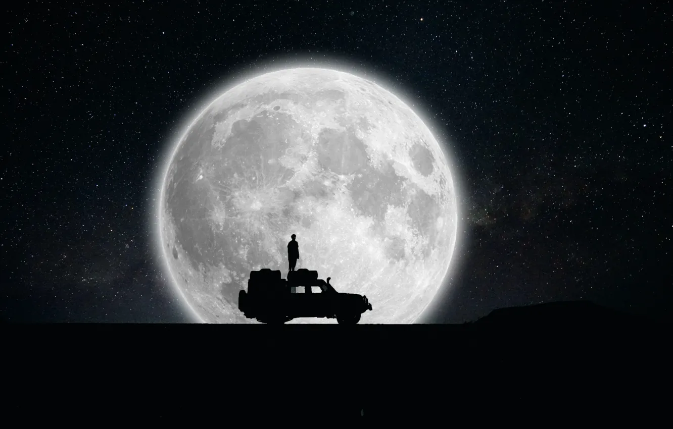 Фото обои человек, Луна, силуэт, автомобиль
