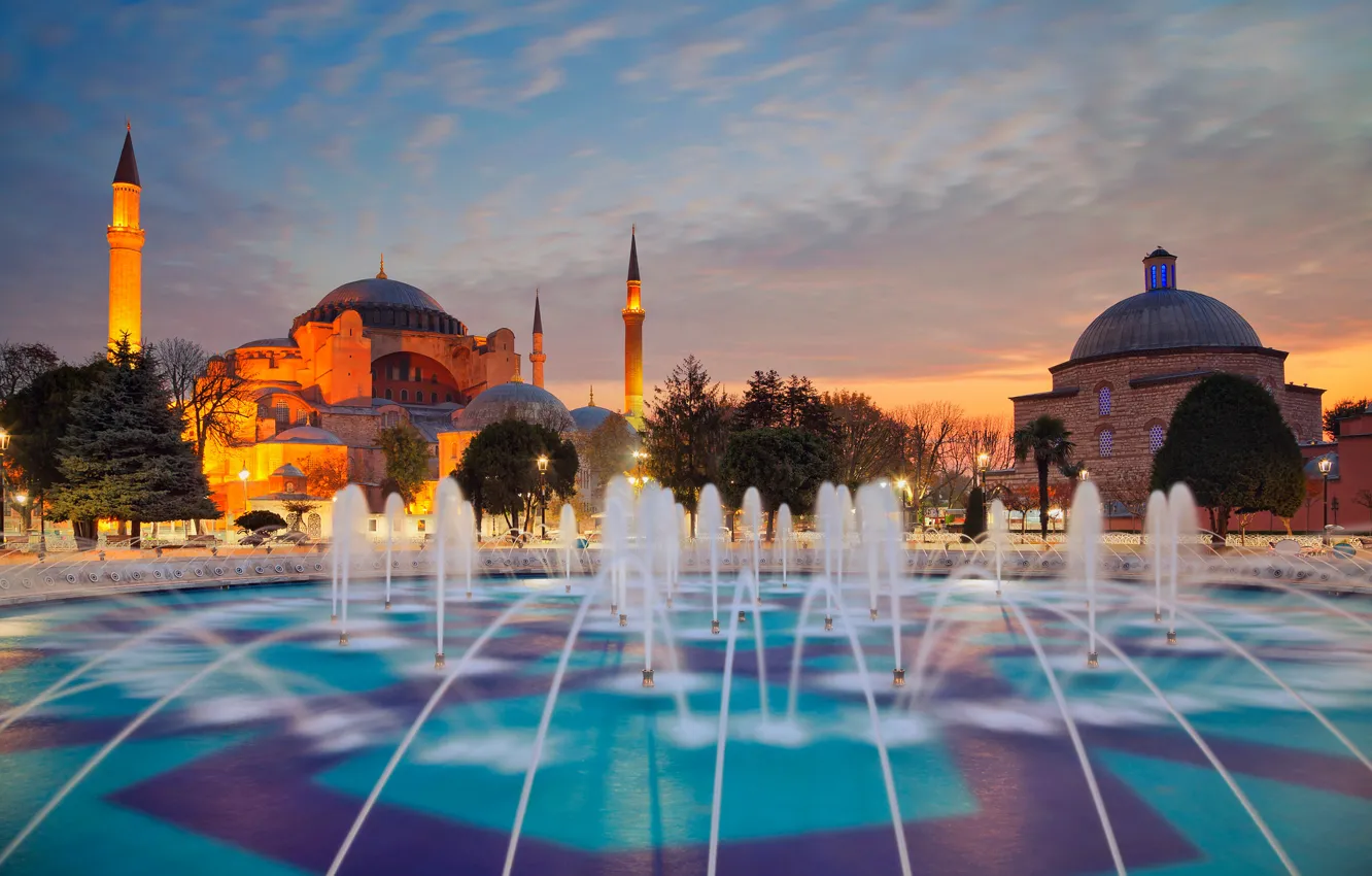 Фото обои вечер, фонтан, Стамбул, Турция, минарет, Аця-София, собор Святой Софии