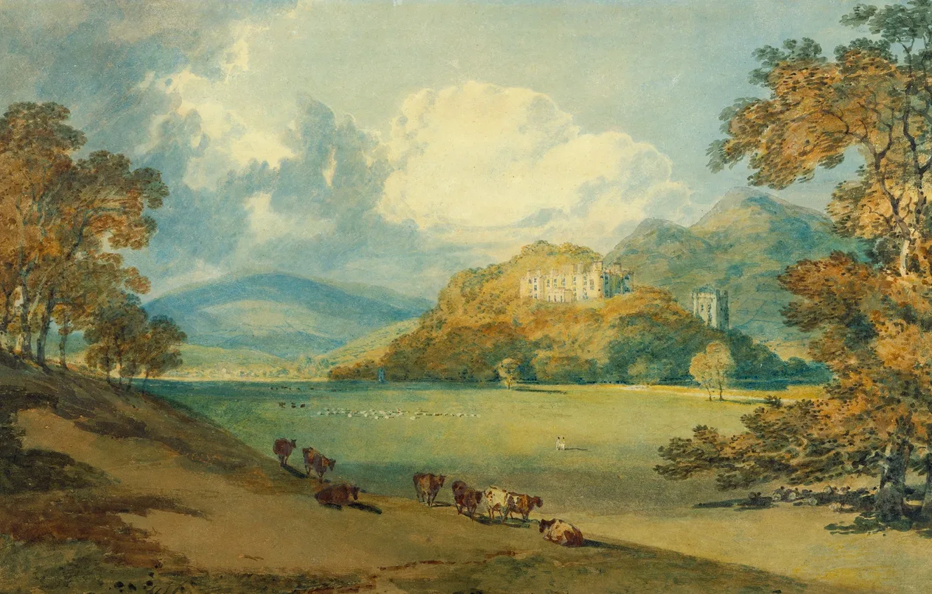 Фото обои деревья, пейзаж, горы, замок, картина, долина, коровы, Уильям Тёрнер