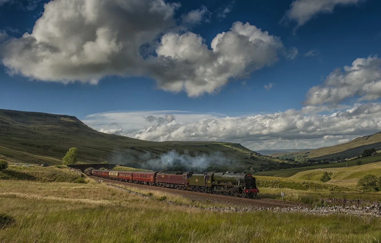 Фото обои пейзаж, Англия, поезд, состав, England, Aisgill