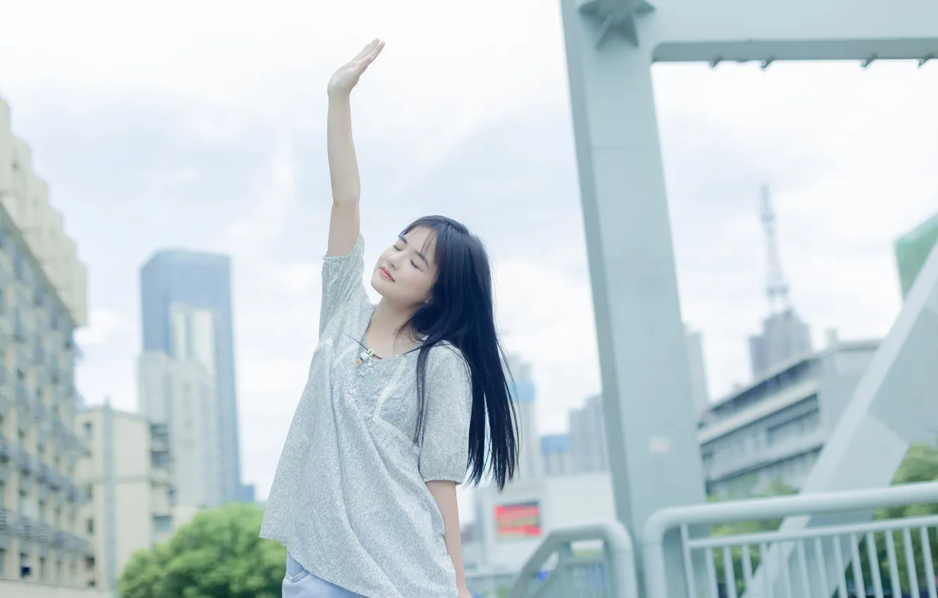 Фото обои City, Beautiful, Asian, Model, Woman, Pretty, Outdoor, Closed Eyes