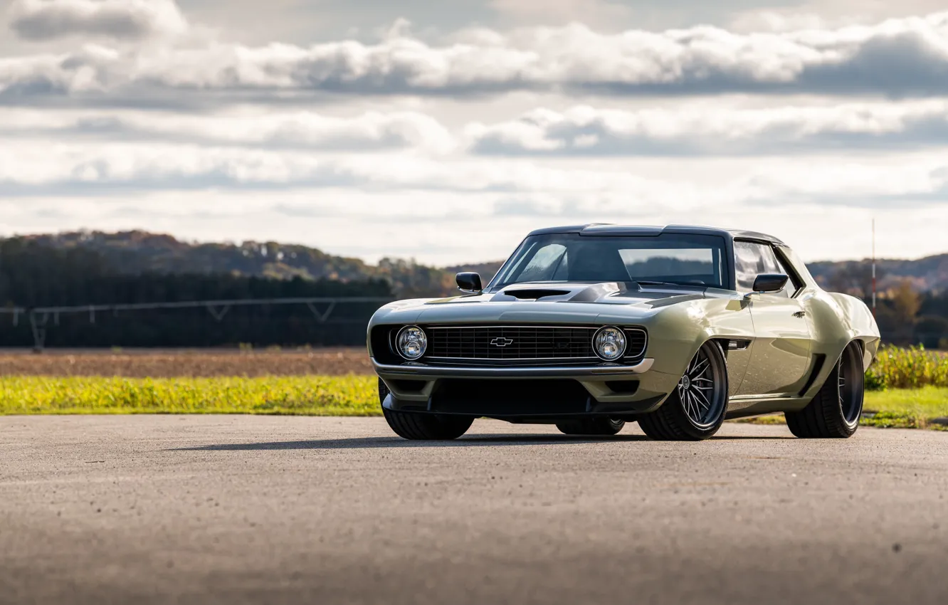 Фото обои Дорога, Трава, Chevrolet, 1969, Camaro, Фары, Chevrolet Camaro, Muscle car