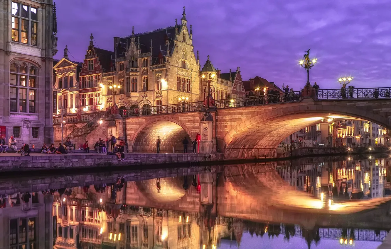 Фото обои ночь, мост, огни, Бельгия, Гент