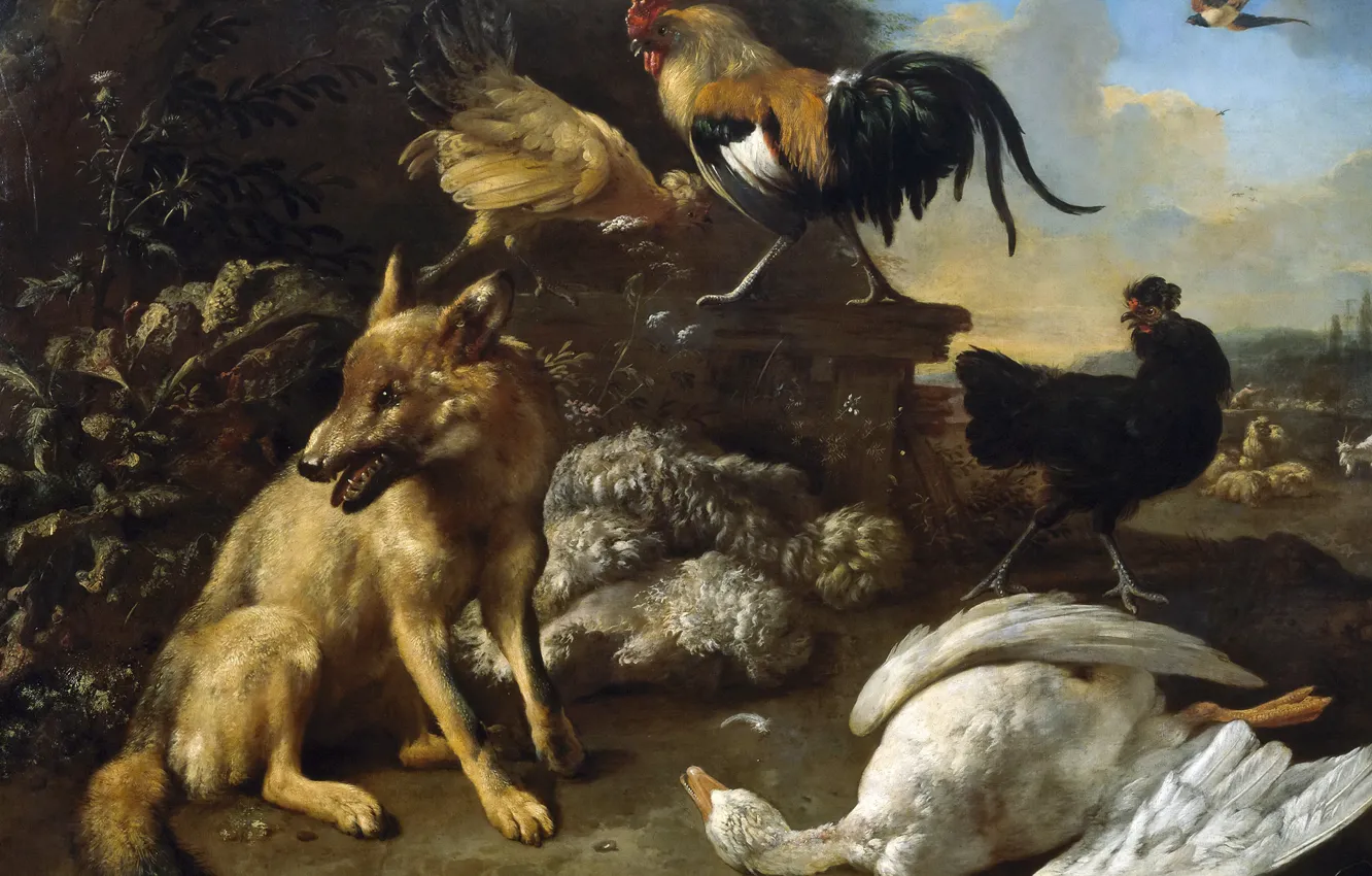 Фото обои животные, картина, жанровая, Мельхиор де Хондекутер, Натюрморт с Лисой и Убитым ею Гусем