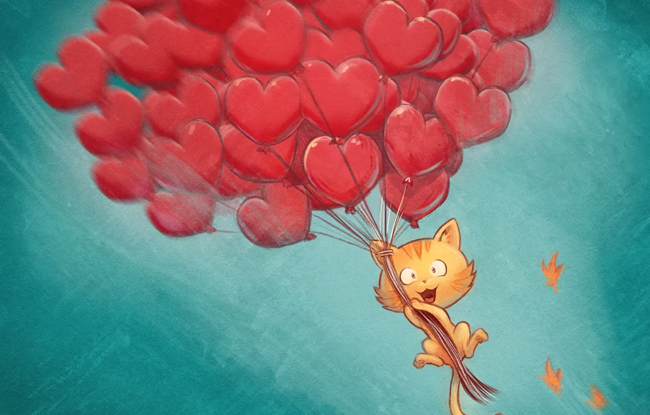 Фото обои кот, шарики, David Revoy, сердечки, hearts, поздравление, ballons, Pepper&Carrot