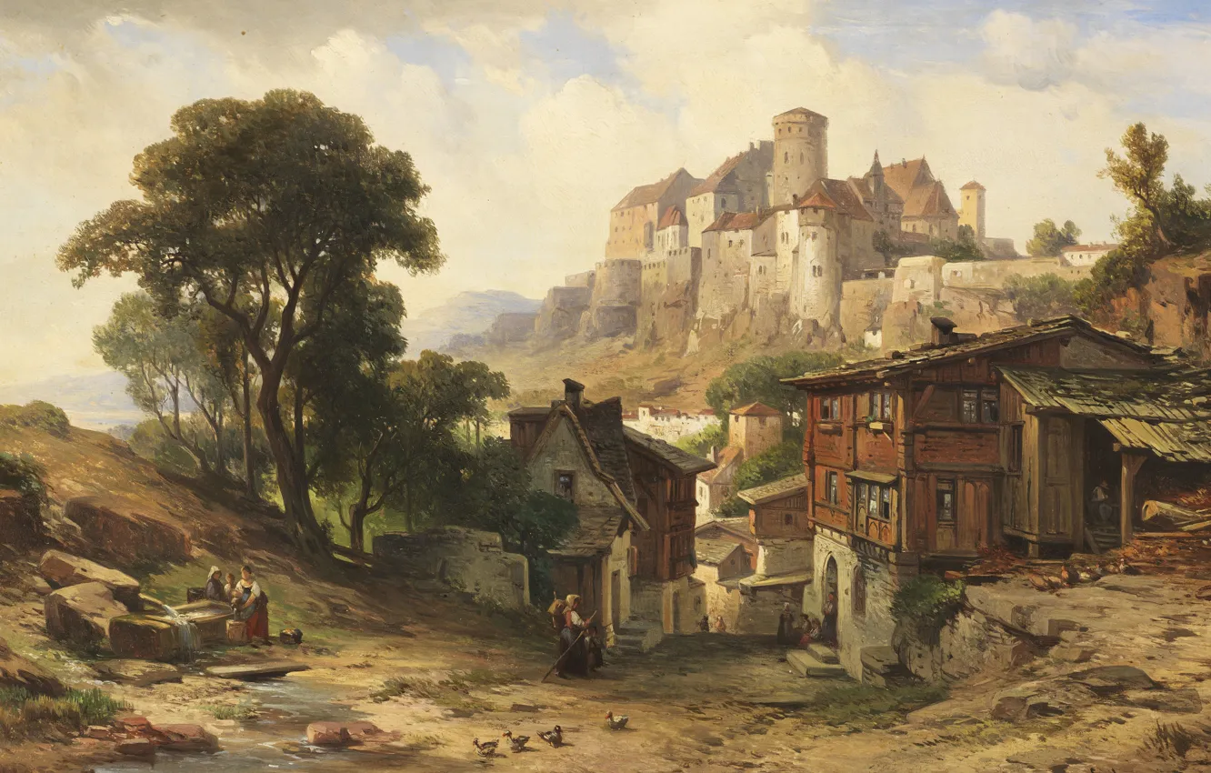 Фото обои 1883, German painter, немецкий живописец, Albert Emil Kirchner, Ansicht von Schloss Burghausen an der Salzach, …