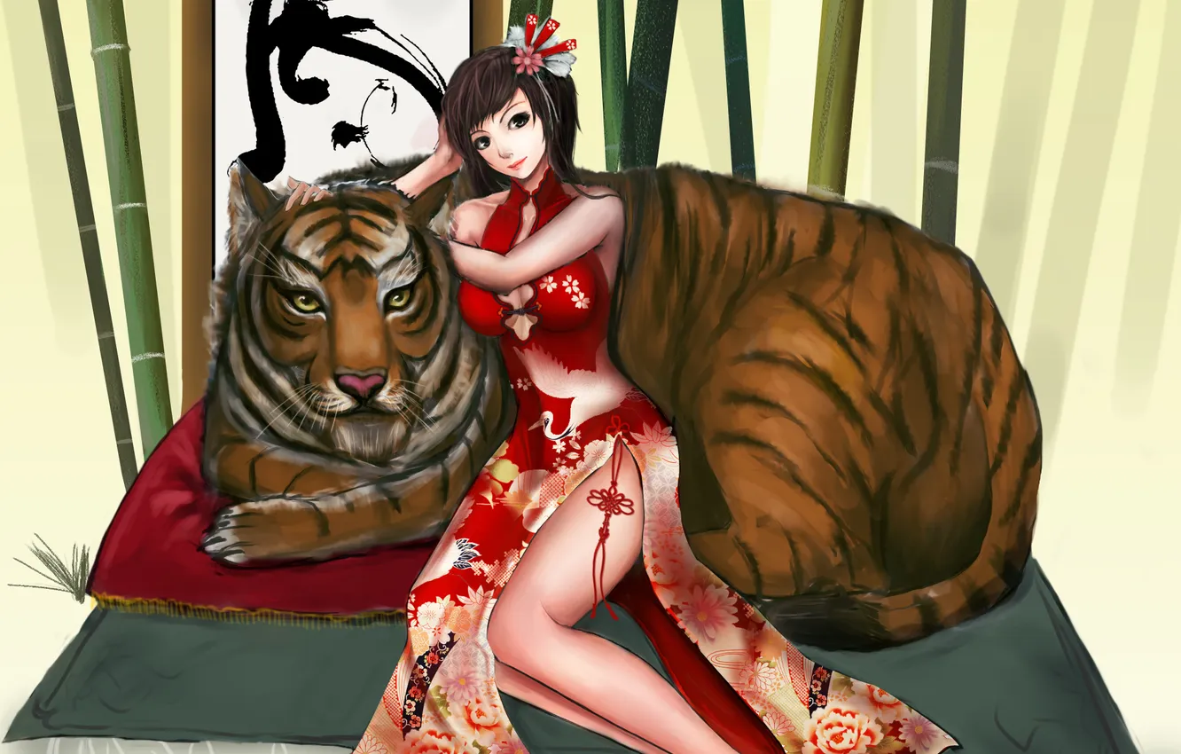 Фото обои девушка, тигр, бамбук, арт, подушка, иероглиф, ytoy