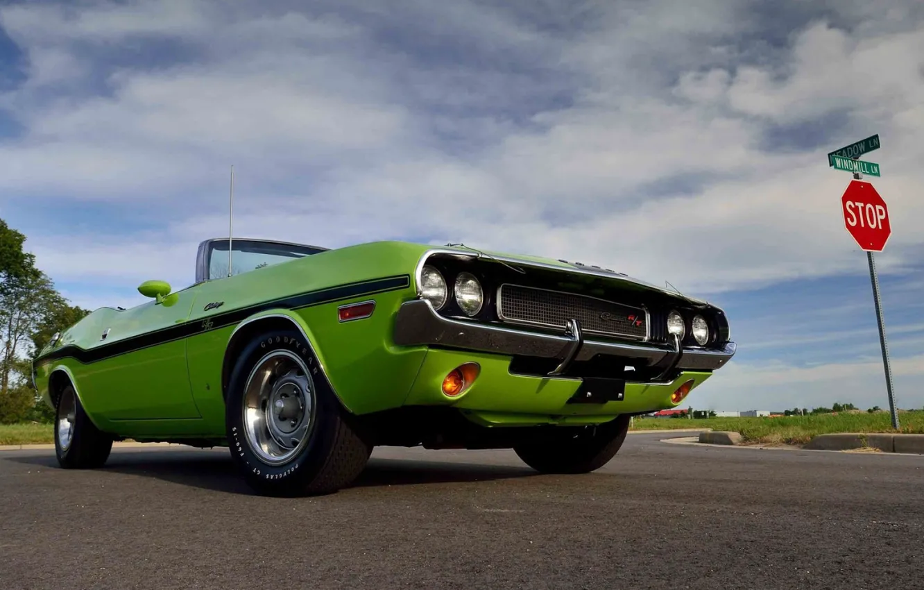 Фото обои Dodge Challenger, Green, 1970, Muscle car, Road, Convertible