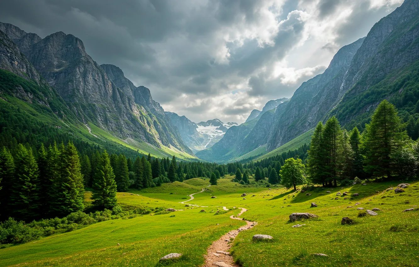 Фото обои небо, облака, горы, долина, wallpaper, sky, mountains, clouds