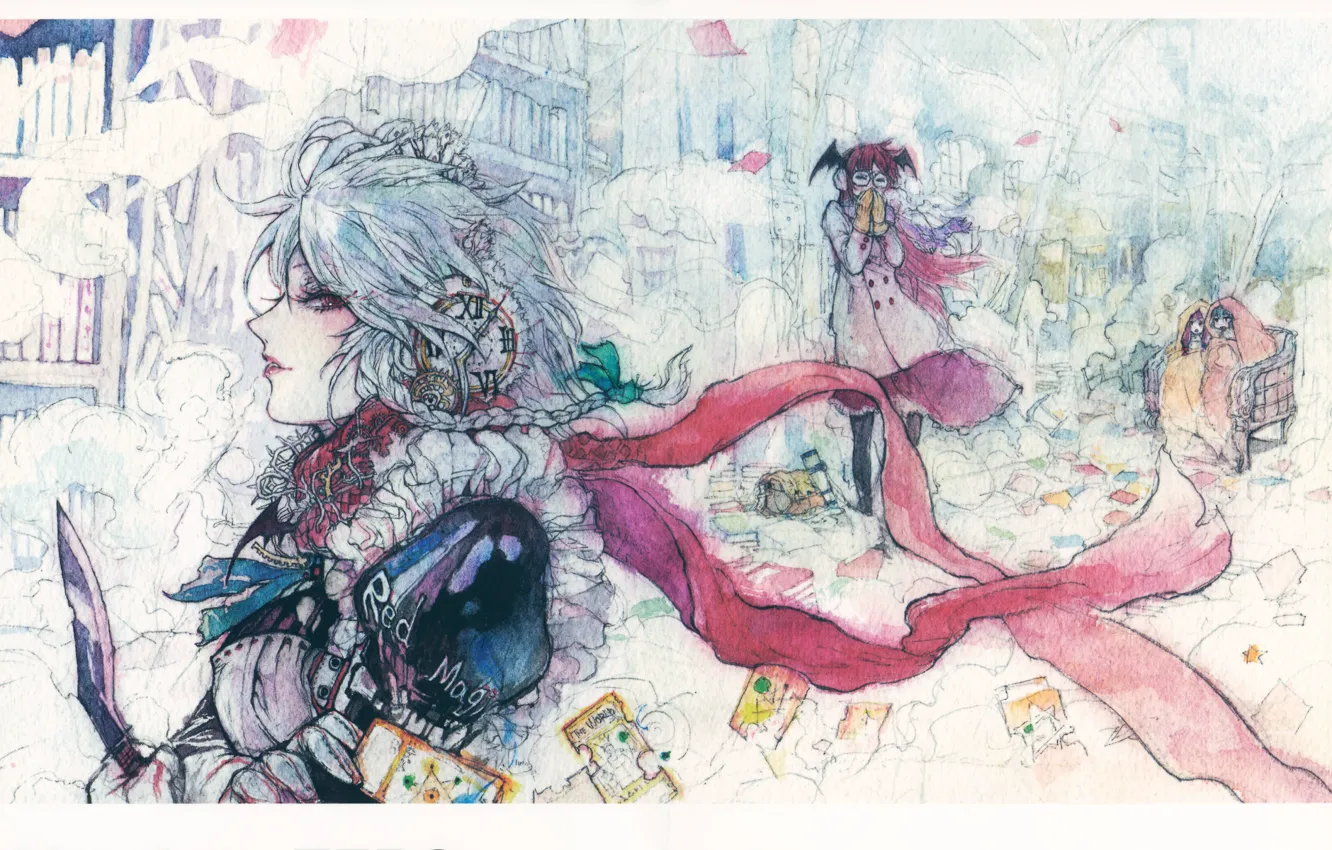Фото обои холод, улица, девочки, часы, книги, нож, косички, touhou