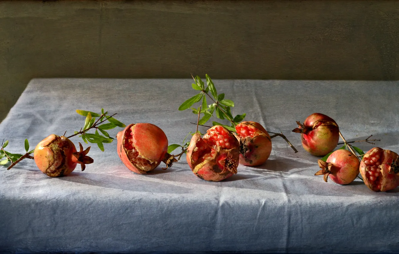 Фото обои стол, фон, зерна, фрукты, натюрморт, на ветке, гранаты, скатерть