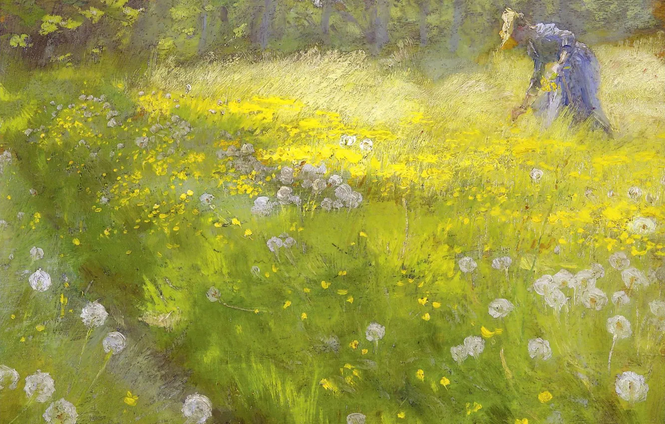 Фото обои картина, одуванчики, 1892, Педер Северин Кройер, пейзаз, Peder Severin Kroyer, Мария Кройер в саду в …
