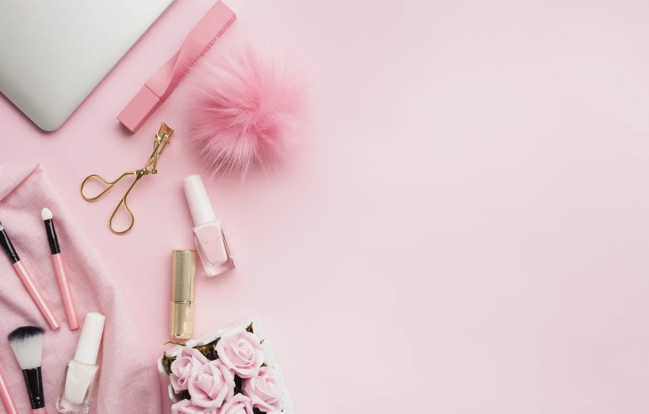 Фото обои розовый, инструменты, кисти, розовый фон, pink, лак для ногтей