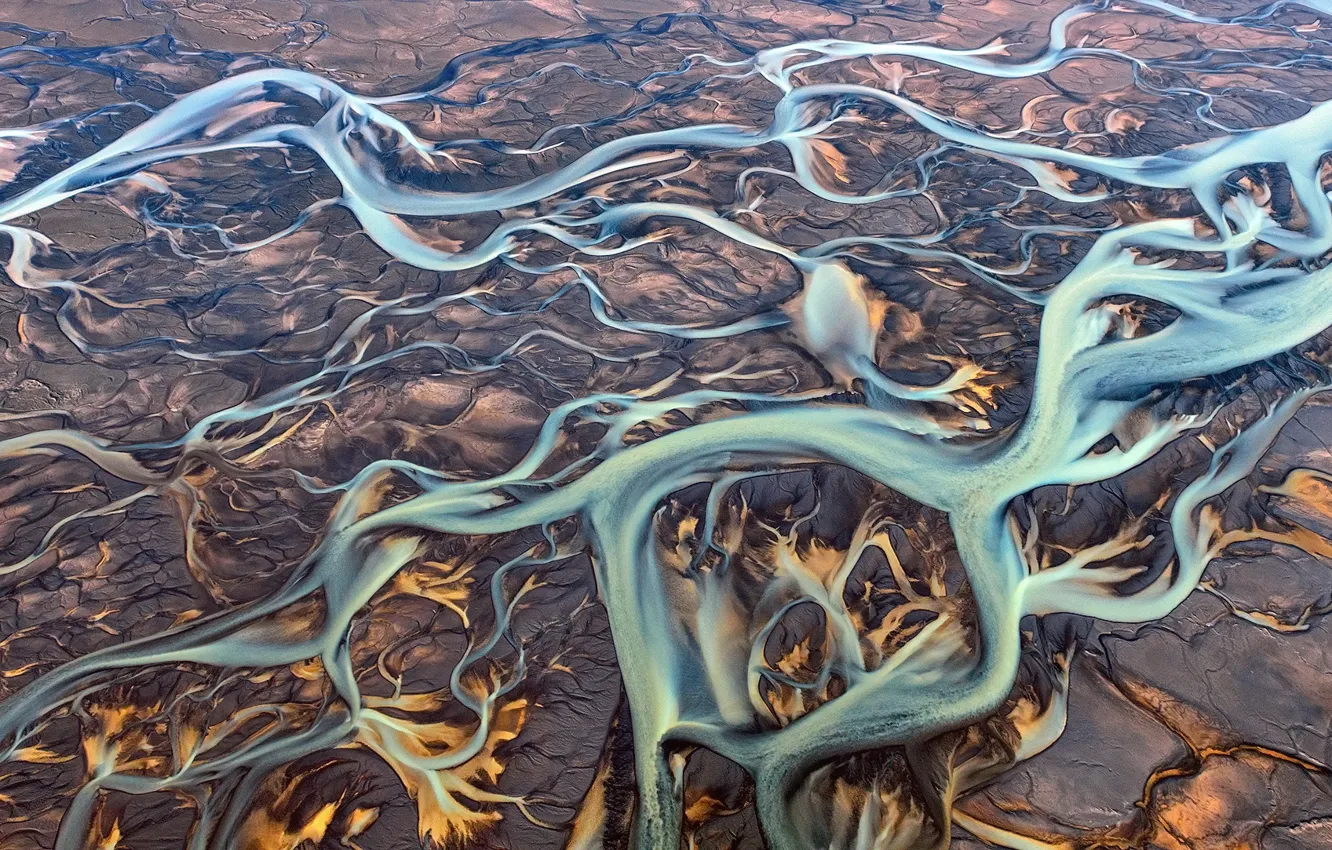 Фото обои абстракция, потоки, реки, вид сверху, песка, аэрофотосъемка, грязи