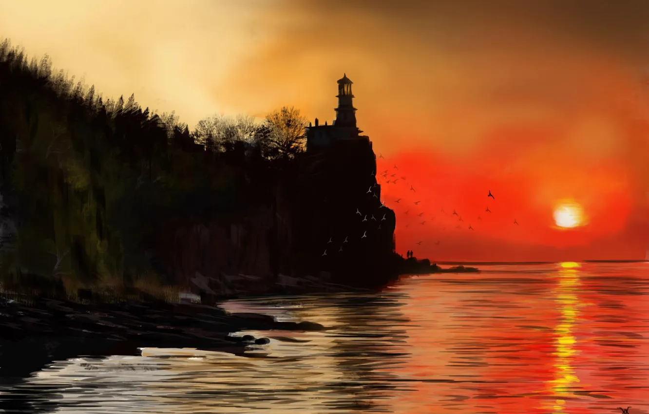 Фото обои закат, природа, берег, маяк, арт