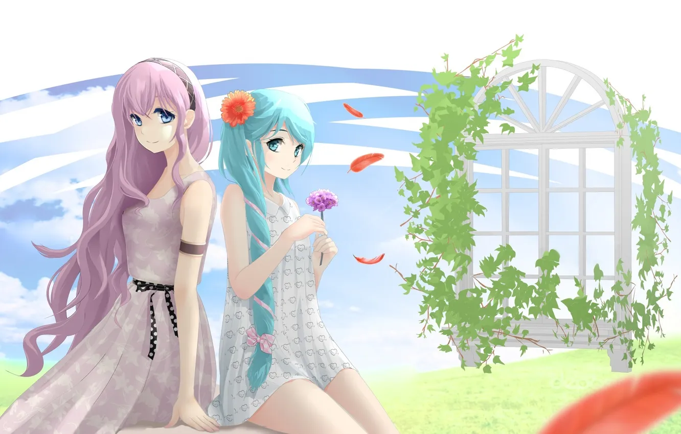 Фото обои цветы, девушки, аниме, лепестки, арт, лента, vocaloid, hatsune miku
