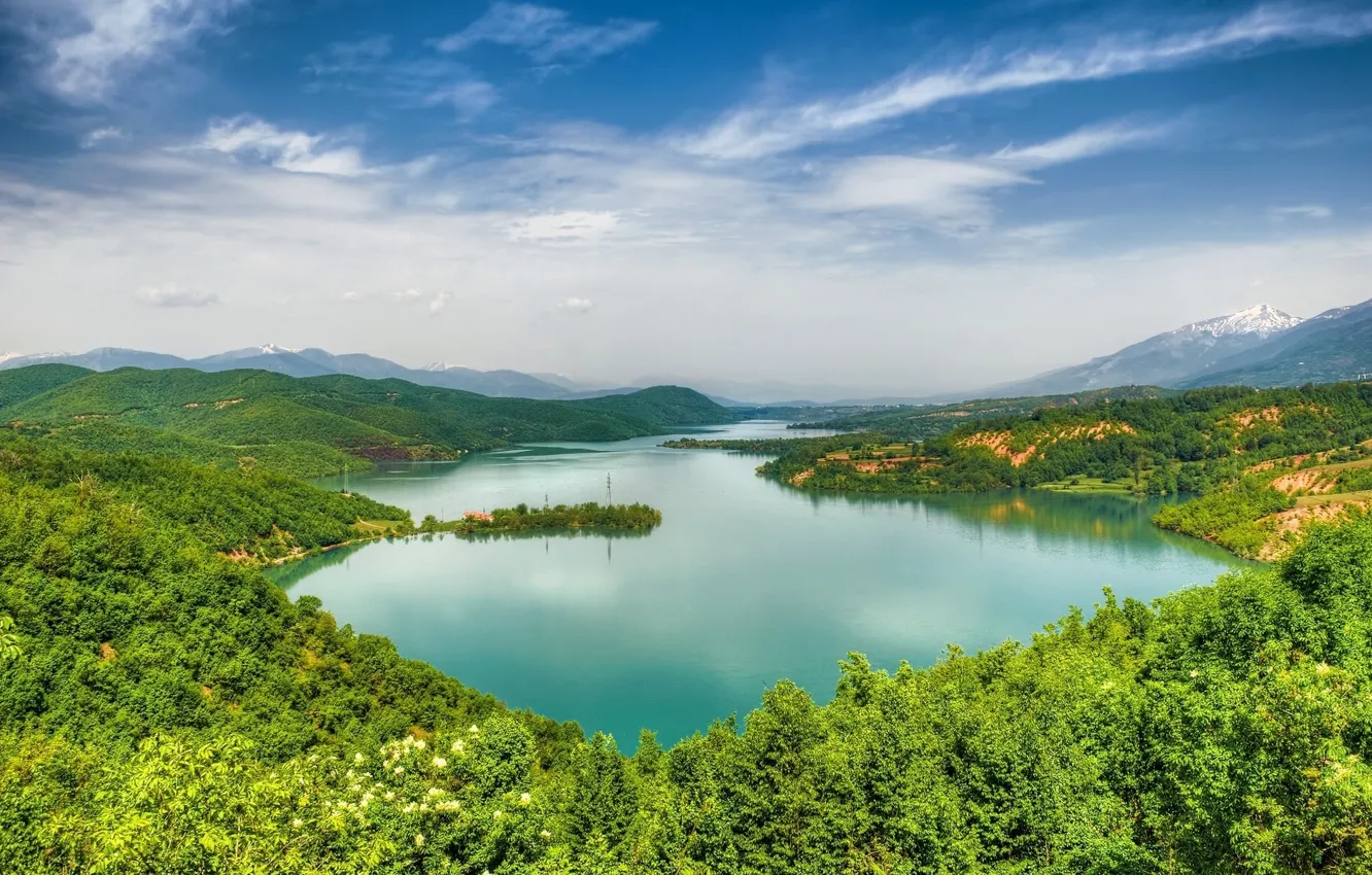 Фото обои лес, горы, панорама, Macedonia, Македония, Дебарское озеро, Debarsko Lake