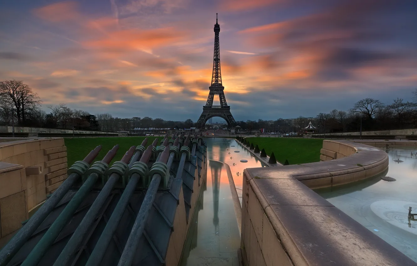 Фото обои рассвет, Франция, Эйфелева башня, eiffel tower, трокадеро