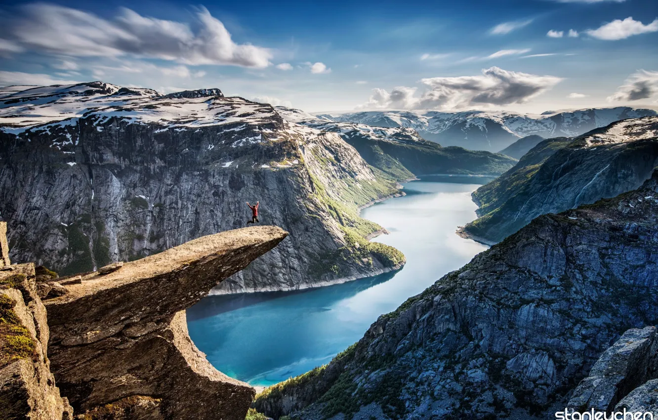 Фото обои горы, природа, река, Норвегия, панорама, Язык Тролля, Trolltunga