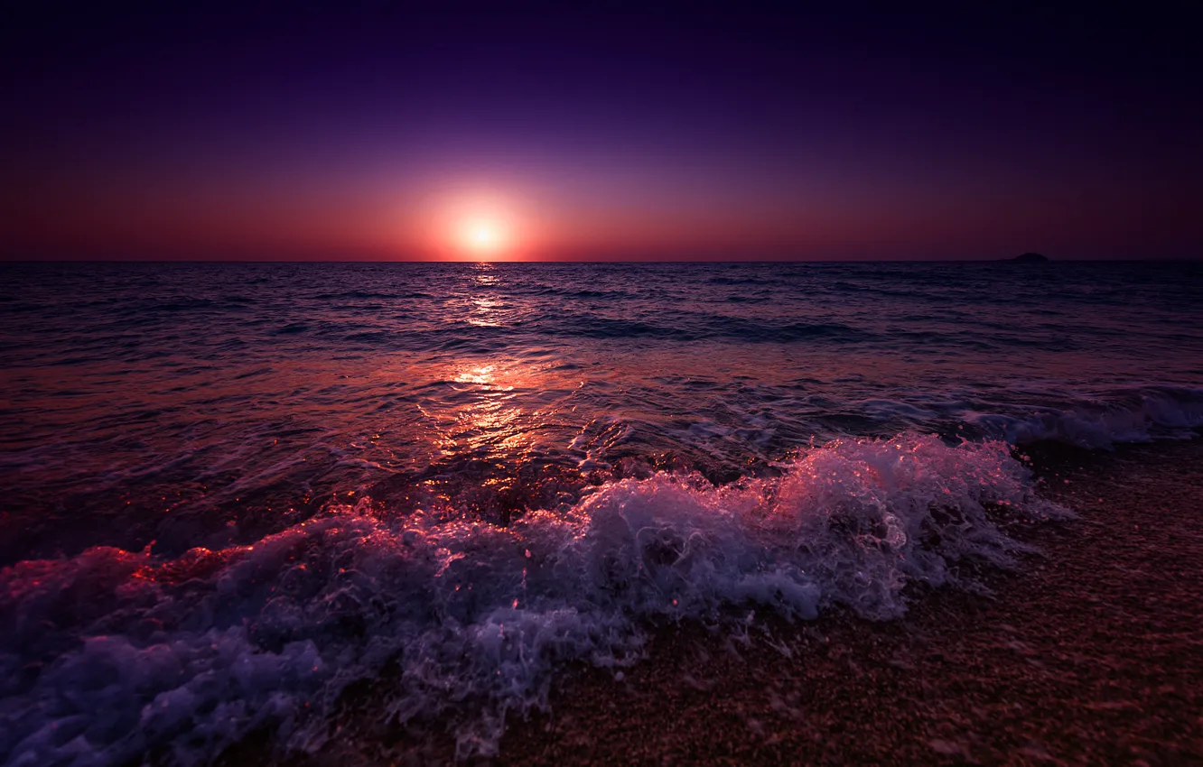 Фото обои небо, солнце, закат, берег, побережье, вечер, Греция, прибой