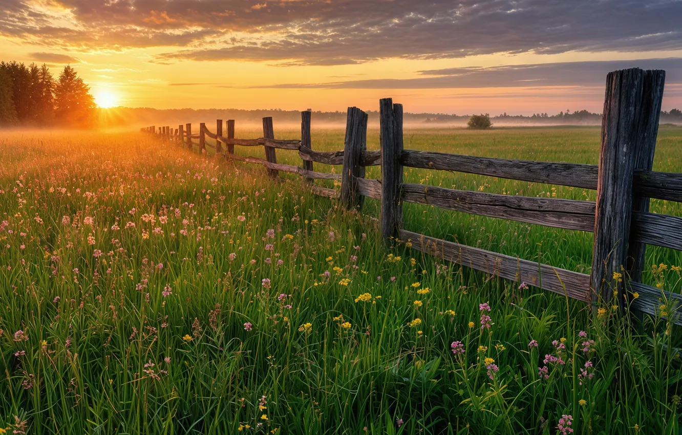 Фото обои поле, забор, ИИ-арт, НЕЙРОСЕТЬ