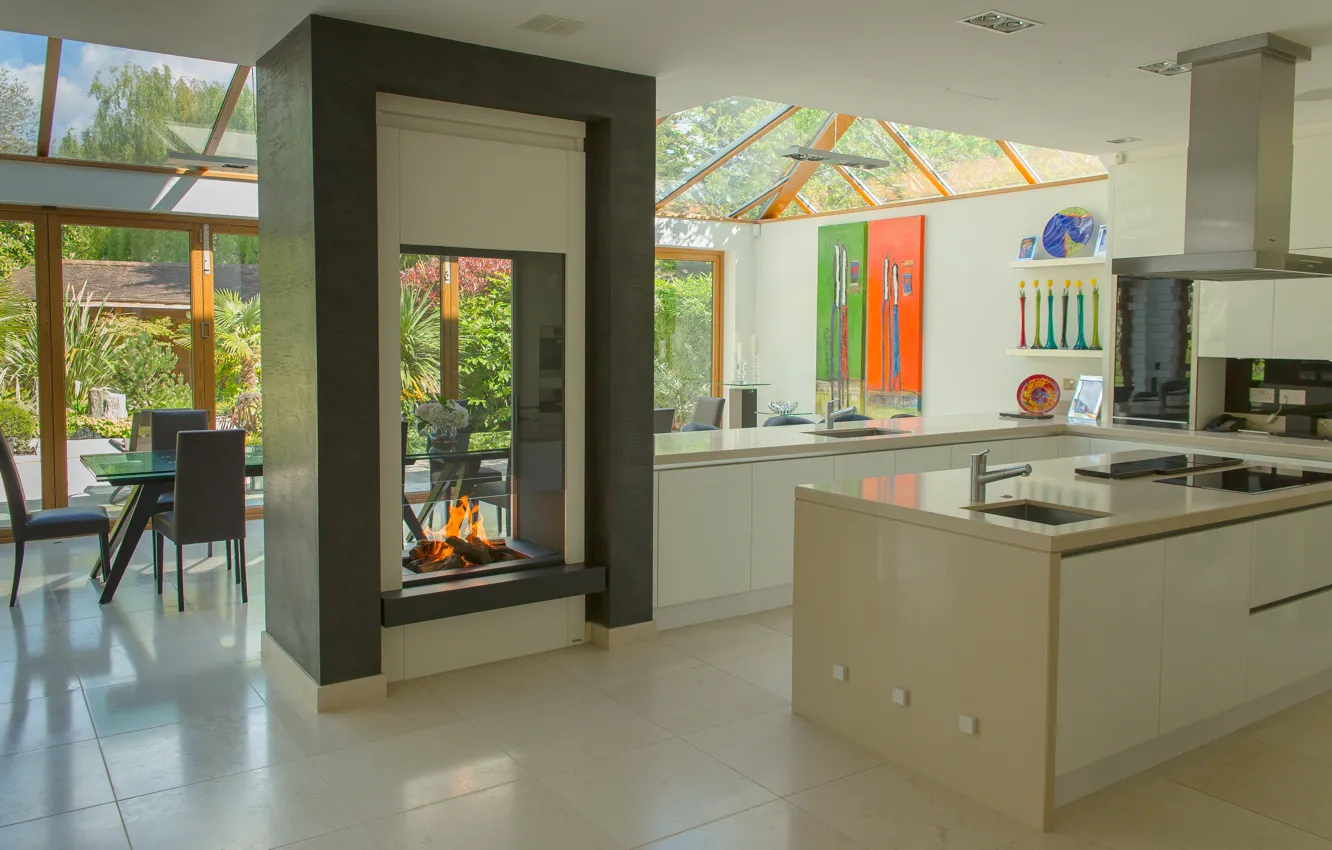 Фото обои дизайн, стиль, интерьер, кухня, камин, столовая