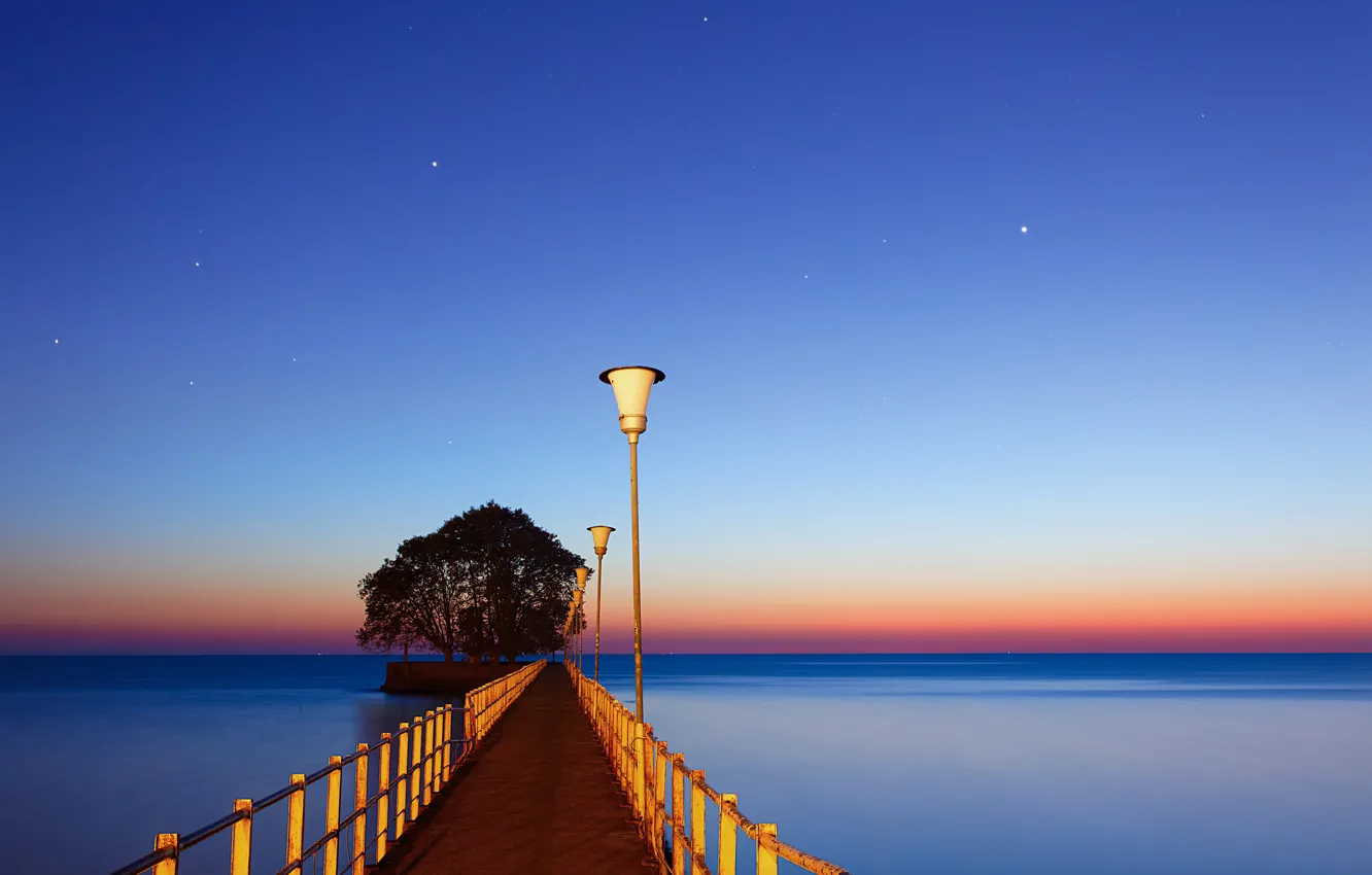 Фото обои звезды, океан, рассвет, фонари, пирс, Меркурий, Аргентина, Буэнос-Айрес