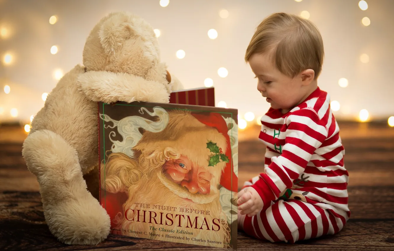 Фото обои игрушка, ребенок, Новый Год, Рождество, мишка, книга, Christmas, New Year