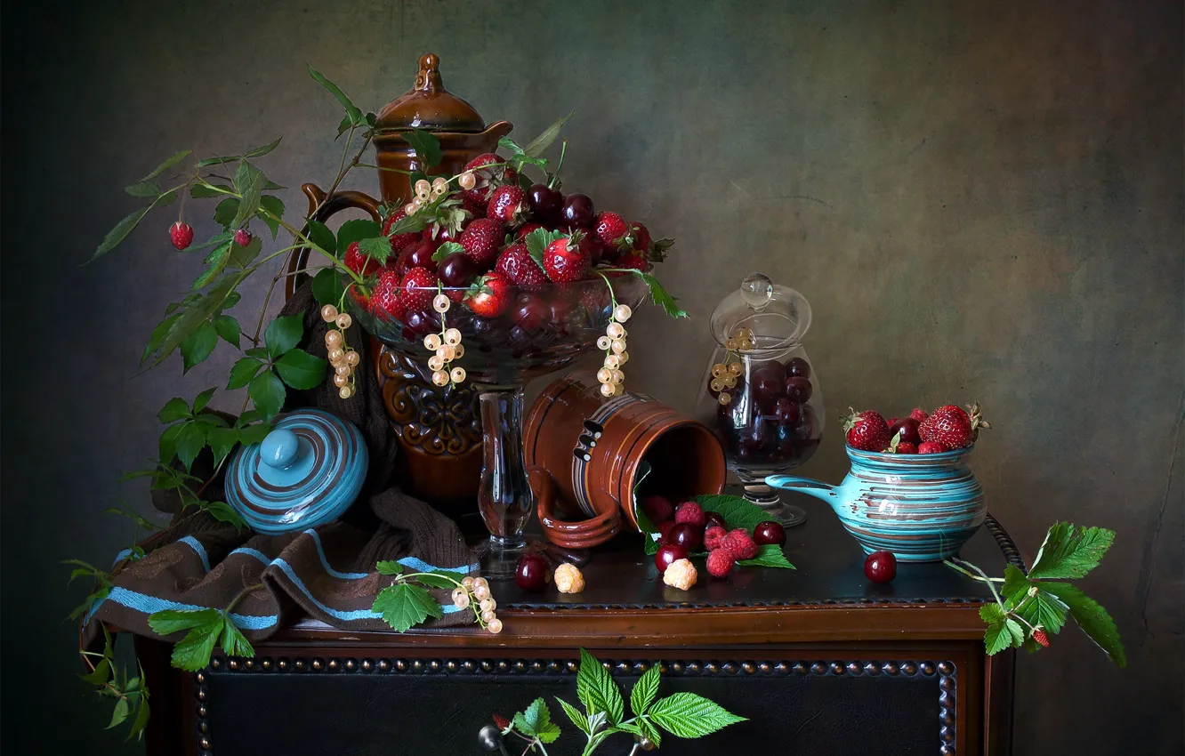 Фото обои вишня, ягоды, малина, клубника, натюрморт, смородина, Мила Миронова
