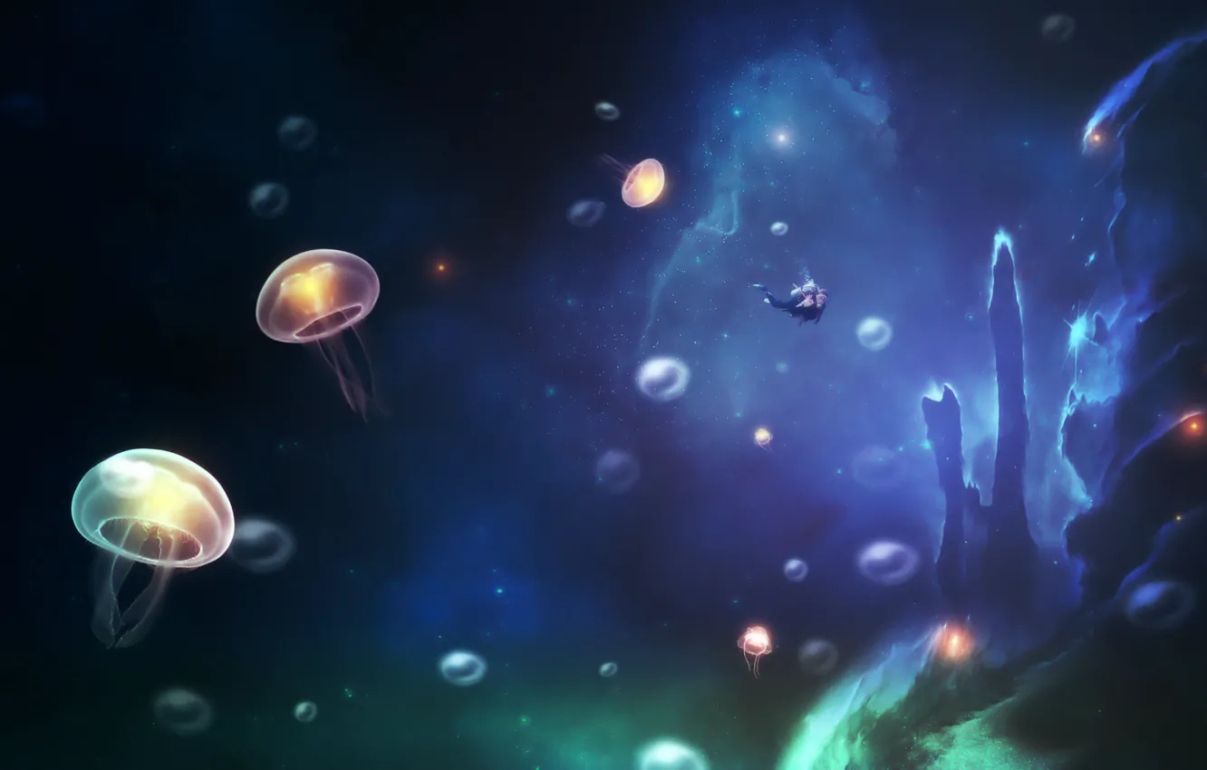 Фото обои море, человек, маска, аквалангист, медузы, акваланг
