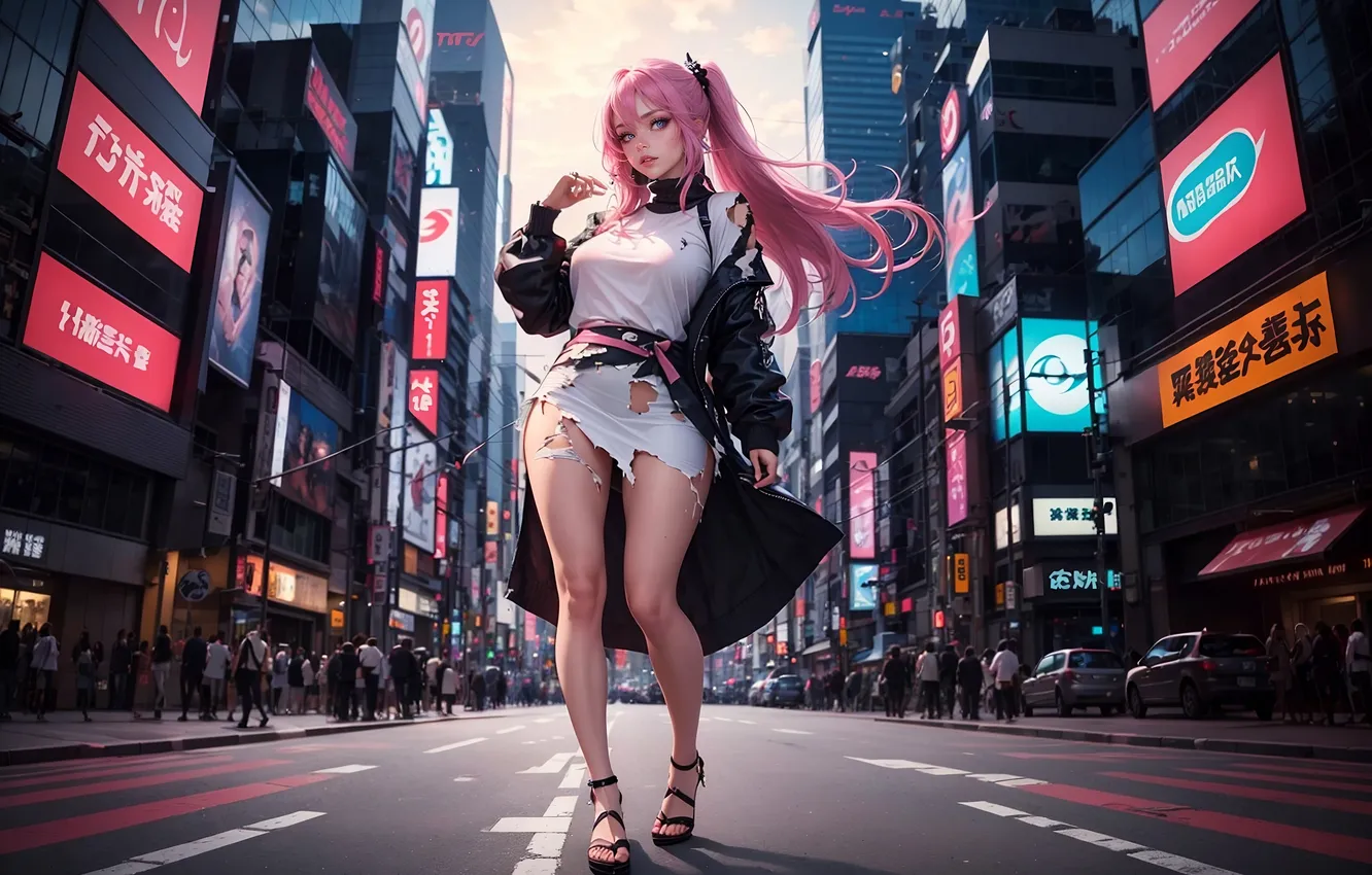 Фото обои legs, anime, figure, hair, a city, skyscapes, free photo, neural network