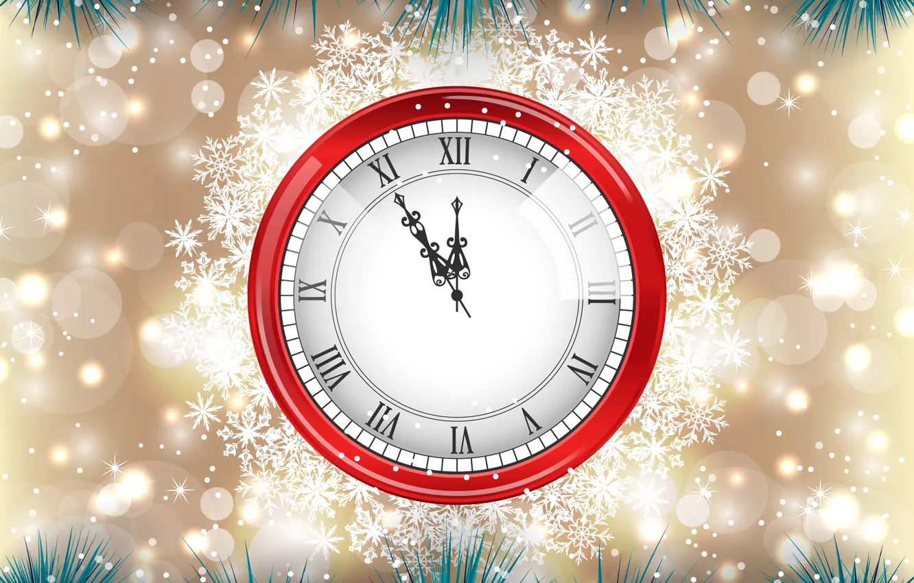 Фото обои снежинки, блики, праздник, часы, вектор, Новый год, мишура, полночь
