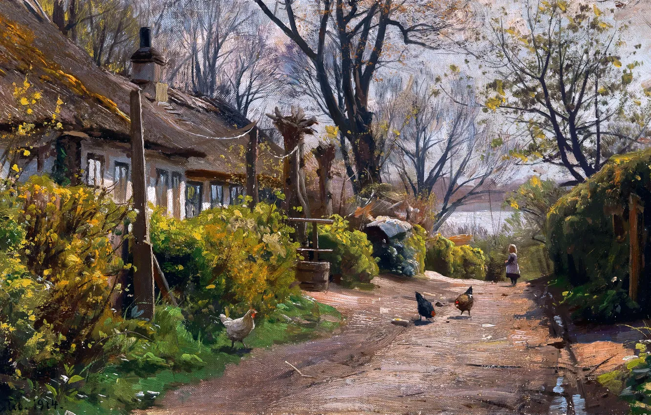 Фото обои Дома, Дорога, Деревья, Картина, Ребенок, Летний день, Peder Mork Monsted, Петер Мёрк Мёнстед